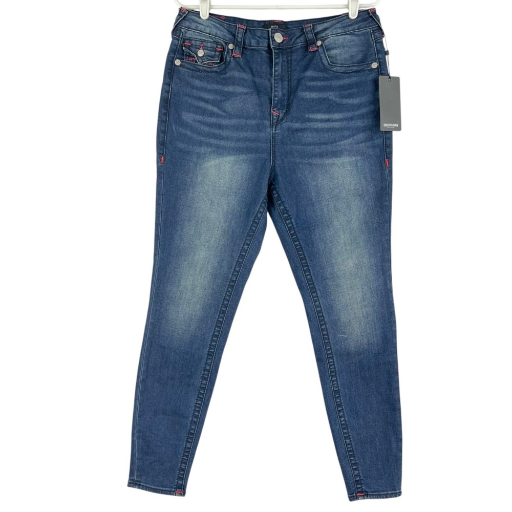 True Religion Women's Halle Big T Flap Super Skinny Blue Denim Jeans Size 32 NWT